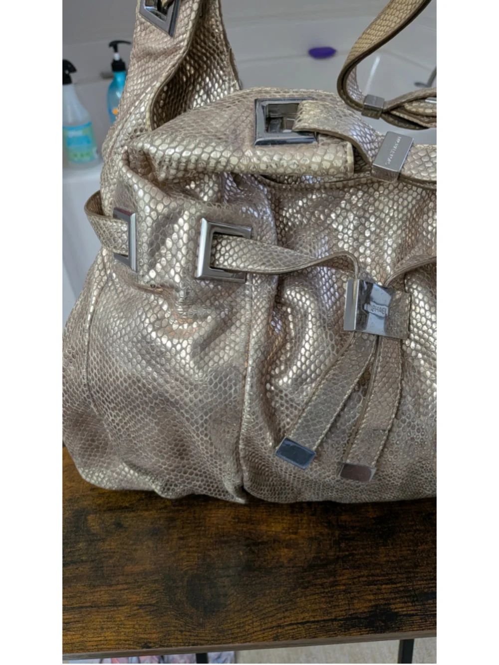 Michael Kors 'Carey Large' snake-embossed metallic leather shoulder tote.